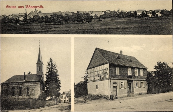 Postcard Gösenroth in Rhineland-Palatinate, panorama of the village, church, half-timbered house