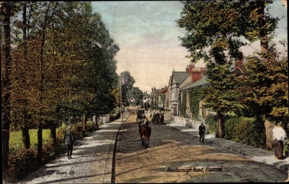 Postcard Harrow London England, Harrow School, Bessborough Road, street with trees, horse and cart, M