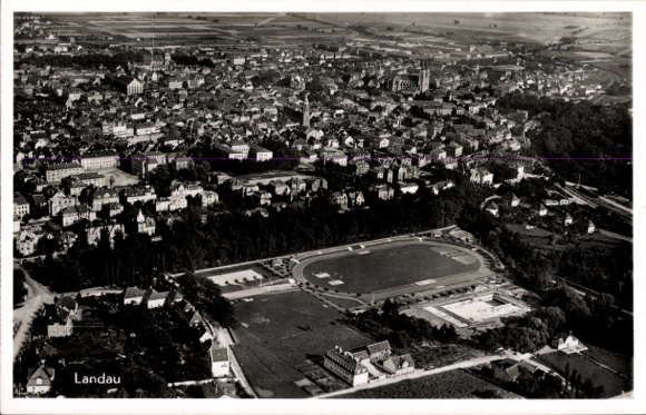 Postcard Landau in der Pfalz, aerial view of the city, green stadium