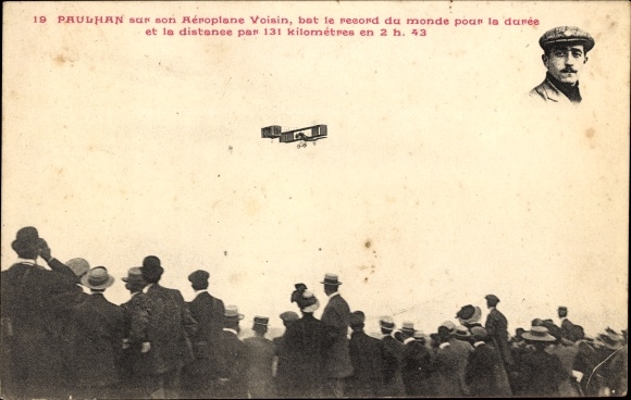Postcard Paulhan breaks the world record with his Aéroplane Voisin, pilot, aviation pioneer