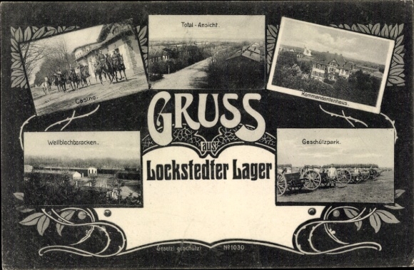 Postcard Lockstedt, Lockstedt camp, casino, corrugated iron barracks, gun park