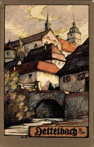Stone print artist Postcard Greiner, Wilhelm, Dettelbach am Main Lower Franconia, partial view of the village