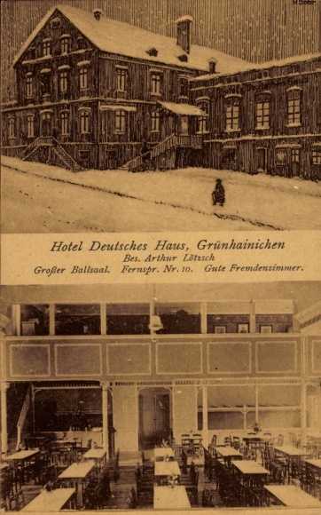 Postcard Grünhainichen in the Ore Mountains, Hotel Deutsches Haus, owner Arthur Lötsch, Winter