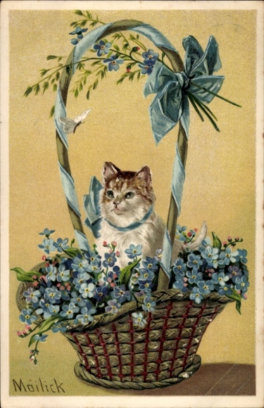 Embossed artist Postcard Mailick, cat in flower basket, forget-me-not