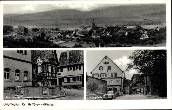 Ak Güglingen in Baden Württemberg, Ortspanorama, Partie am Brunnen, Hauptstraße