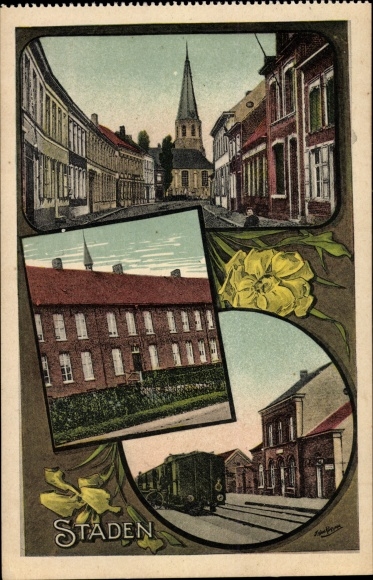 Postcard Staden West Flanders, train station, street section
