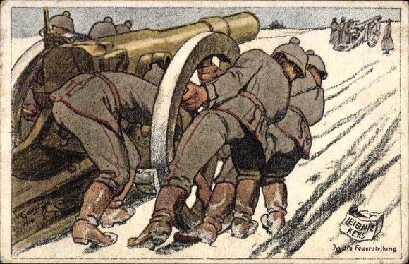 Künstler Ak Georgi, W., In die Feuerstellung, Artillerie, Soldaten, Haubitze, Winter, Leibniz Keks