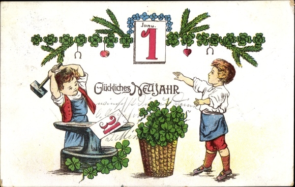Postcard congratulations new year, blacksmith, calendar, shamrocks