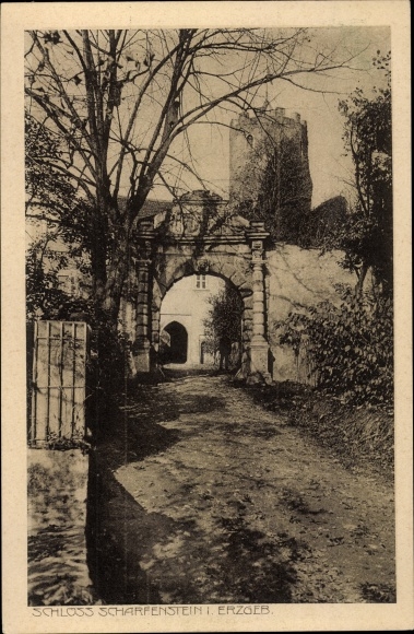 Postcard Drebach in Saxony, view through the gate of Scharfenstein Castle