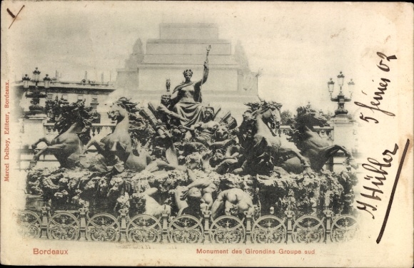 Ansichtkaart Bordeaux Gironde, Monument des Girondins, groep paarden, standbeeld, zwart en wit