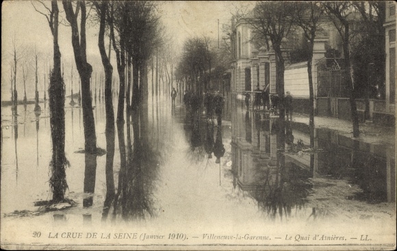 Postcard Villeneuve La Garenne Hauts de Seine, The Seine Flood, January 1910, The Quai d&#39;Asnieres