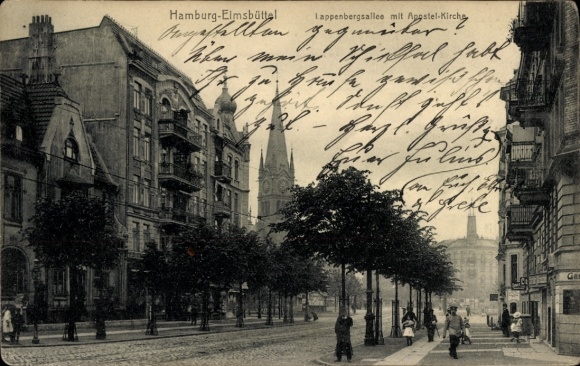 Postcard Hamburg Eimsbüttel, Lappenbergsallee, Apostel-Kirche