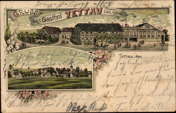 Chromo-Litho Tettau in Upper Franconia, Gasthof Tettau, view of the town