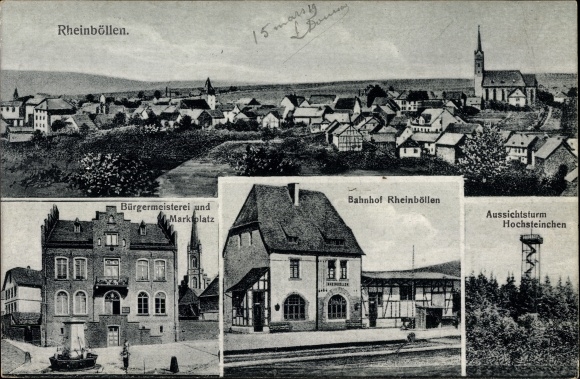 Ak Rheinböllen Rheinland Pfalz, Bürgermeister und Marktplatz, Bahnhof, Aussichtsturm