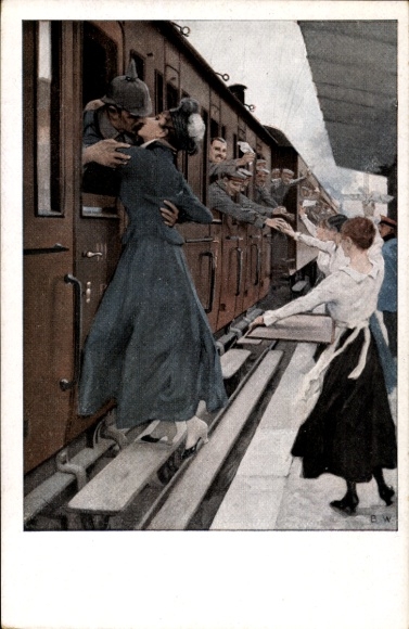 Artist Postcard Wennerberg, Bruno, The Kiss, Farewell at the Train Station, Soldiers, War March, I. WK