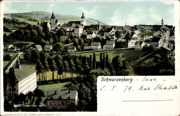 Postcard Schwarzenberg in the Ore Mountains Saxony, city view, colored, Ottmar Zieher