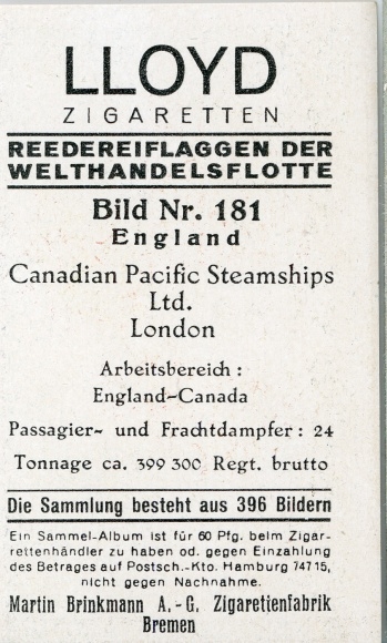 Collective picture shipping company flags of the world merchant fleet, No. 181 England, Canadian Pacific Steamships Ltd.