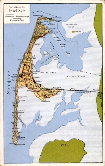 Maps Postcard Island Sylt, Westerland, List, Hindenburgdamm, Föhr