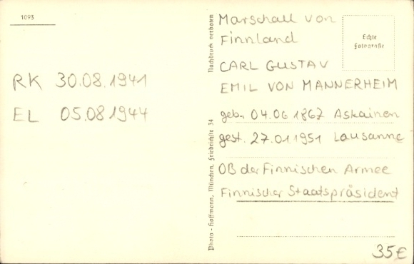 Postcard Field Marshal Carl Gustaf Emil Mannerheim, Marshal of Finland, President of the Republic