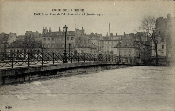 Ansichtkaart Parijs, Pont de l'Archevêché, overstroming januari 1910