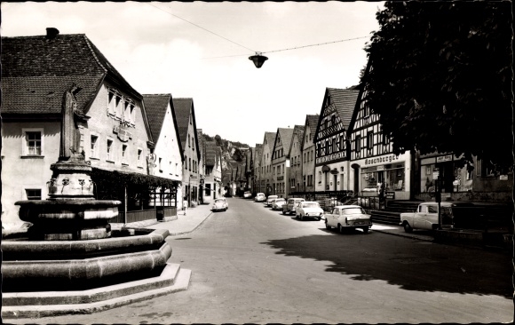 Postcard Pottenstein in Upper Franconia, marketplace with Elisabeth fountain, shops