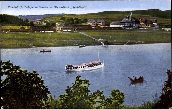 Postcard Paulsdorf Dippoldiswalde in the Eastern Ore Mountains, Malter Dam, Seeblick lido, steamer