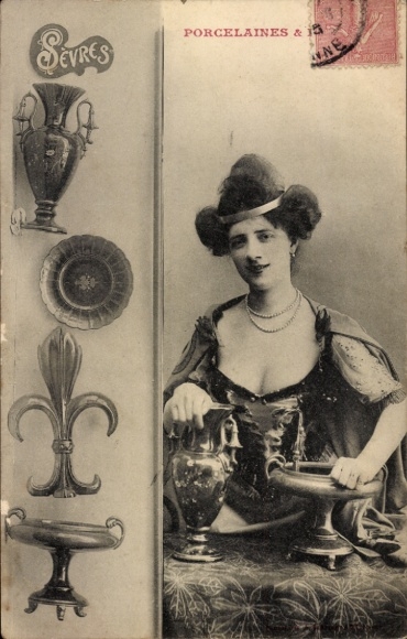 Postcard Sevres, woman portrait, porcelain, products