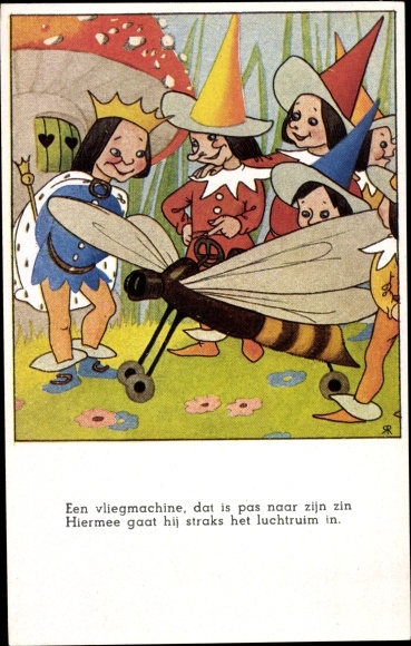 Artist Postcard Dwarves show the king a wasp plane