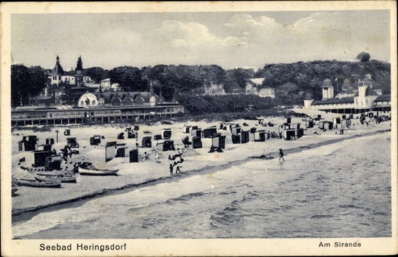 Postcard Ostseebad Heringsdorf on Usedom, seaside resort beach, beach chairs, coastal view, architecture