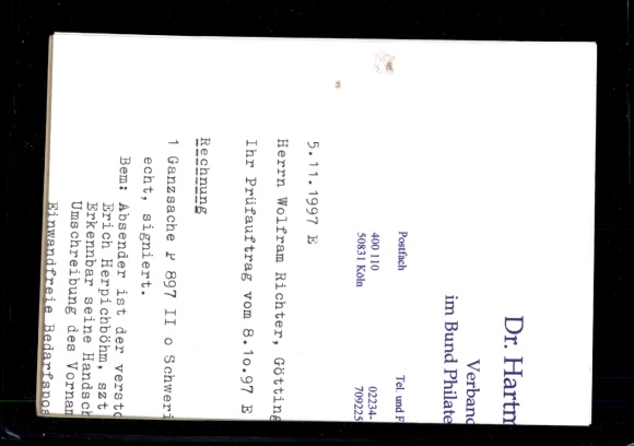 P 897 II, stemplowany Schwerin, testowany przez dr. Arenz BPP