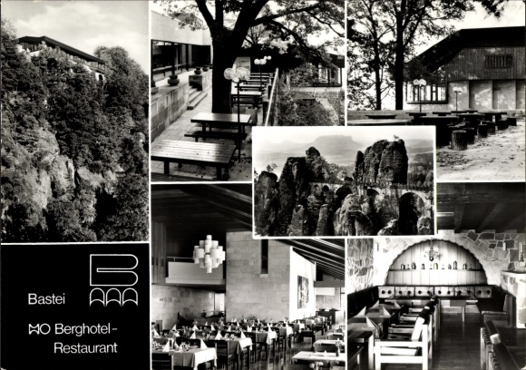 Postcard Lohmen in the Elbe Sandstone Mountains, HO Berghotel Bastei, interior views, Bastei bridge