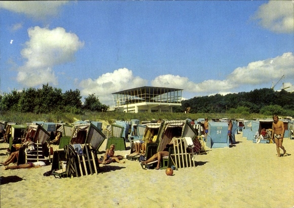 Postcard Ostseebad Baabe on Rügen, beach, beach chairs, people on the beach, restaurant Inselparadies