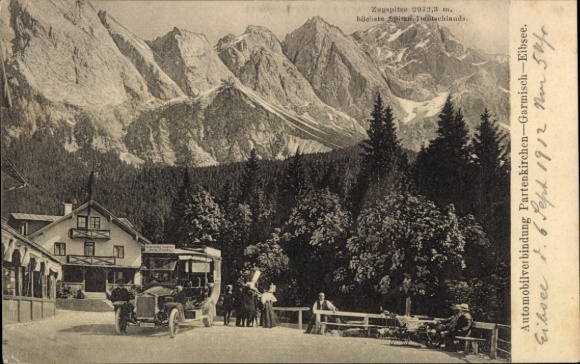 Postcard Grainau in Upper Bavaria, Eibsee, Zugspitze, automobile connection, mountains,