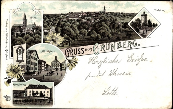 Chromo-Litho Grünberg in Hesse, castle, market square, thief tower, old castle
