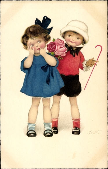Artist PC Baumgarten, Fritz, boy with bouquet of flowers, girl, Meissner & book