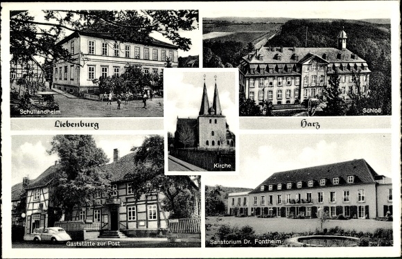 Postcard Liebenburg in Lower Saxony, school camp, castle, inn at the post office, sanatorium*, church