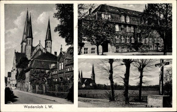 Postcard Wadersloh in the Warendorf district of North Rhine-Westphalia, church, building, wayside cross