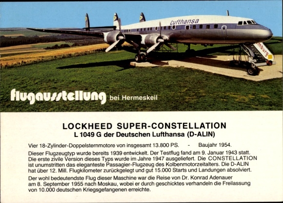 Postcard passenger aircraft Lufthansa, Lockheed Super Constellation L 1049 G, D-ALIN