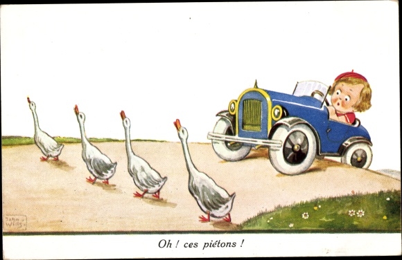 Artist Postcard Wills, John, Girl in Automobile, Geese Crossing the Road