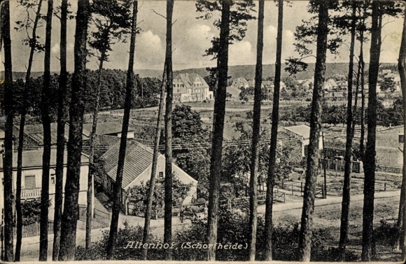 Postcard Altenhof Schorfheide on Lake Werbellin, view from the forest to the village, residential buildings