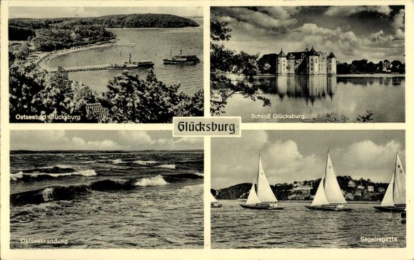 Postcard Glücksburg on the Baltic Sea, castle, sailing regatta, surf