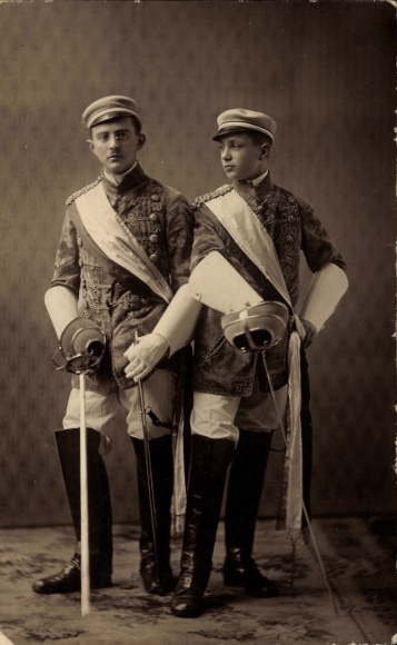 Studentika Postcard Mensur, two students with sabers, fencers