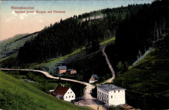 Postcard Rybnica Mała Reimsbach Silesia, Reimsbachtal, Gasthof Froher Morgen, Forestry Office