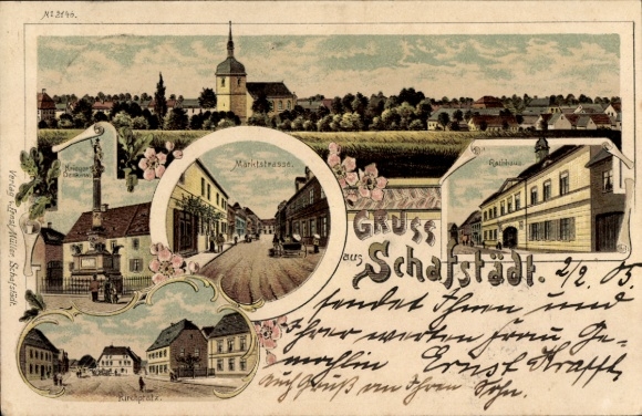 Litho Schafstädt Bad Lauchstädt Sachsen Anhalt, Marktstraße, Rathaus, Kriegerdenkmal, Kirchplatz
