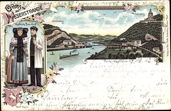 Chromo-Litho Porta Westfalica in North Rhine-Westphalia, Jacobsberg, Wittekindsberg, peasant costume