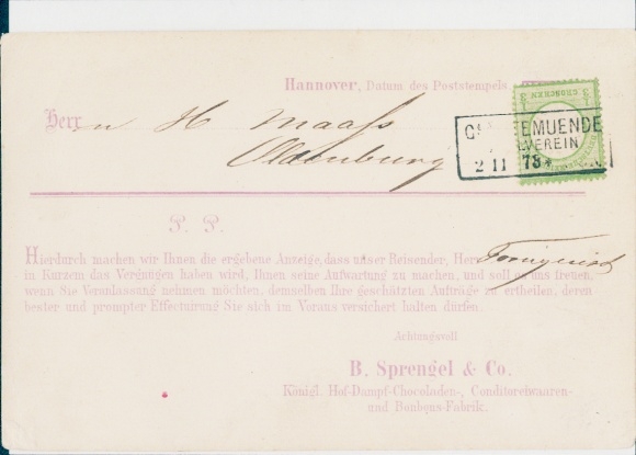 Michel No. 17a on visitor advice, stamp Feuser 1084 Geestemünde Zollverein, November 2nd, 1878