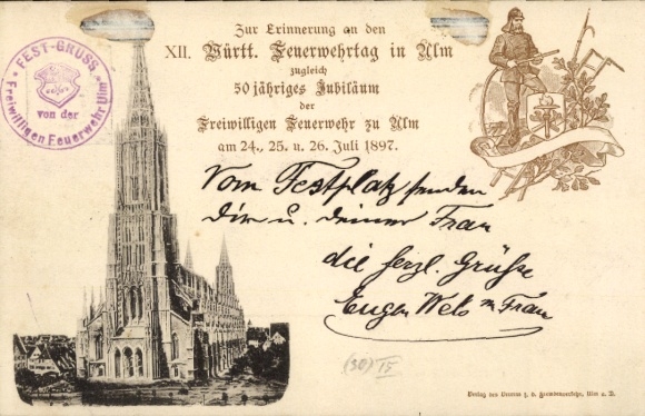 Postwaardestuk Ak Ulm, XII. Brandweerdag Württemberg, 50e verjaardag van de vrijwillige brandweer, 1897, Münster