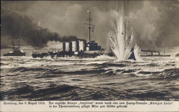 Postcard English cruiser Amphion sunk by a sea mine, steamer Queen Luise, HAPAG