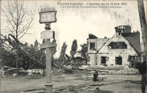 KP Bruksela Belgia, wystawa 1910, Po pożarze, Une partie de l'avenue des Nations devastee