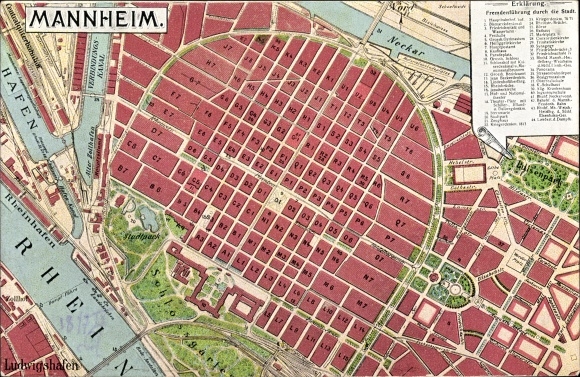 City map Postcard Mannheim, street map, Rhine, harbor, castle garden, Luisenpark